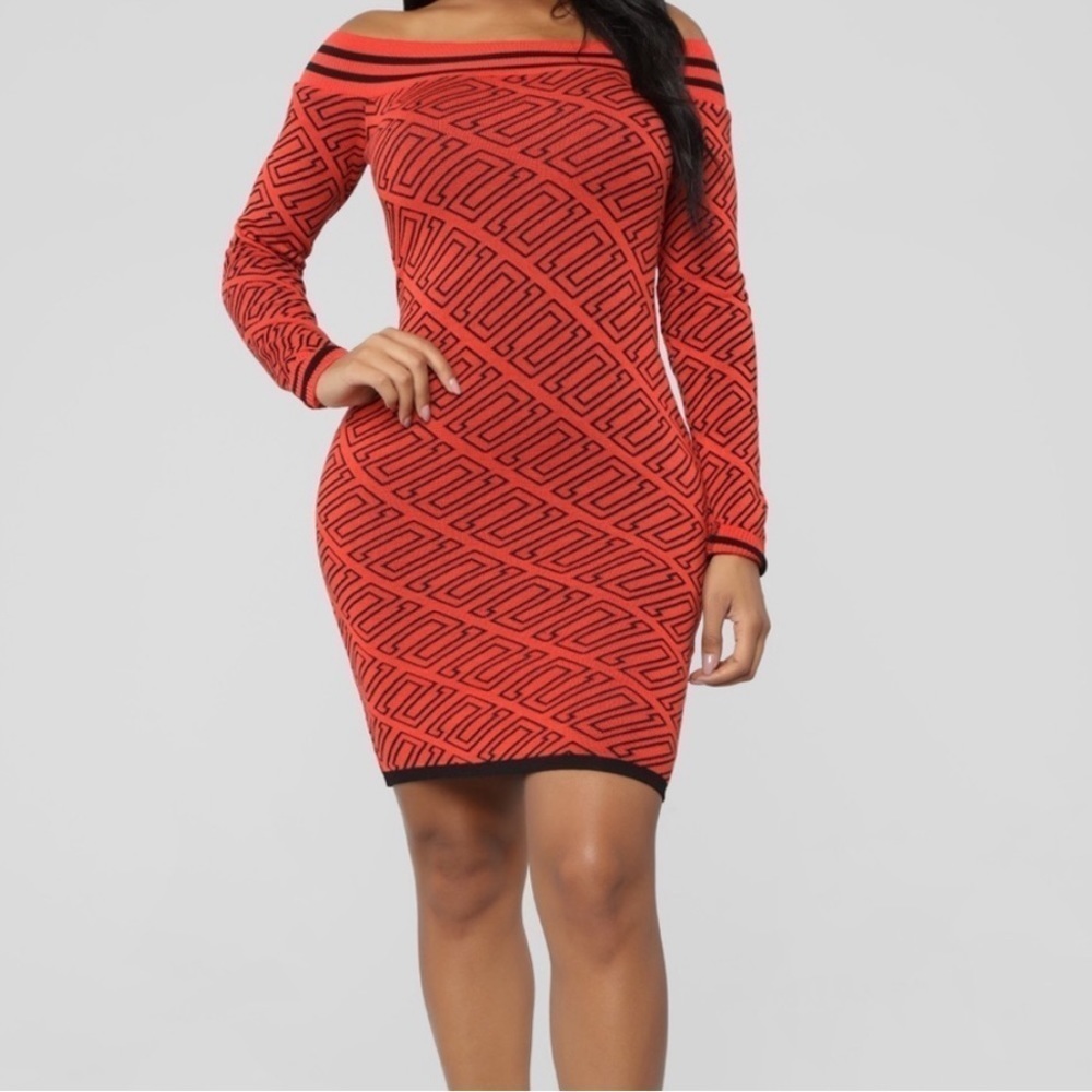 ORANGE OFF THE SHOULDER GEOMETRIC MIDI DRESS FASHION NOVA